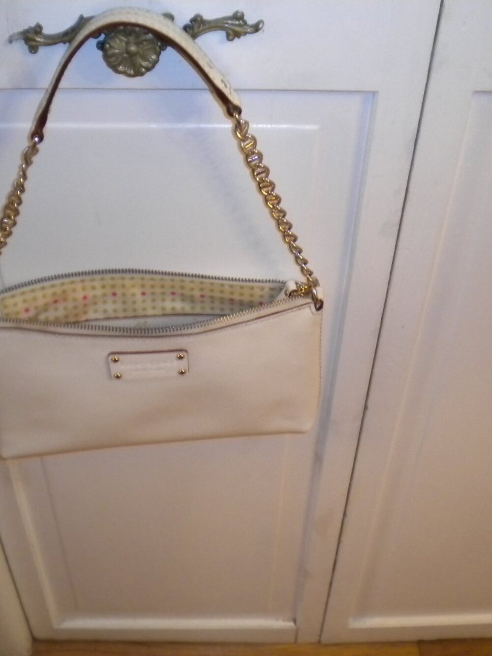 Kate Spade White Leather Chain Strap Shoulder Bag Polka Dot Lining
